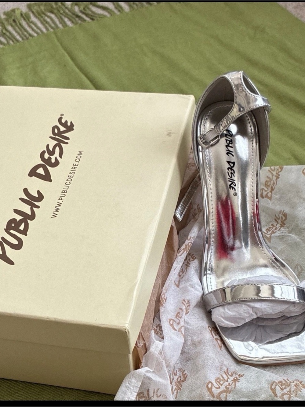 Public Desire Silver Metallic Ankle-Strap Square Toe Heels
